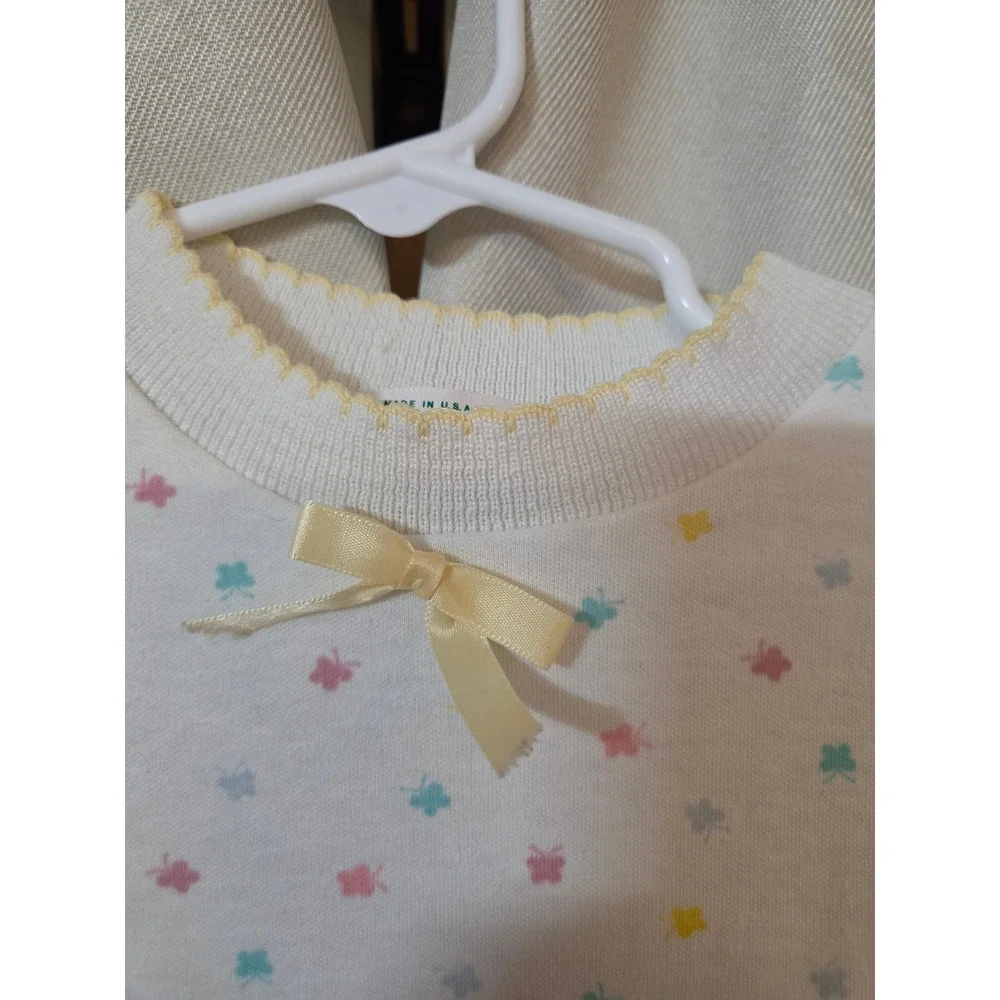 Vintage Health-tex Girls White Butterfly Print Top Bow Scalloped Neck 6x USA